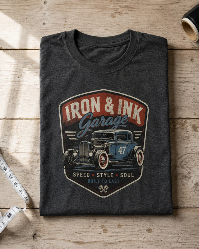 Custom printed charcoal heather t-shirt folded on a wood table, full color vintage hot rod design DTF printed on the chest