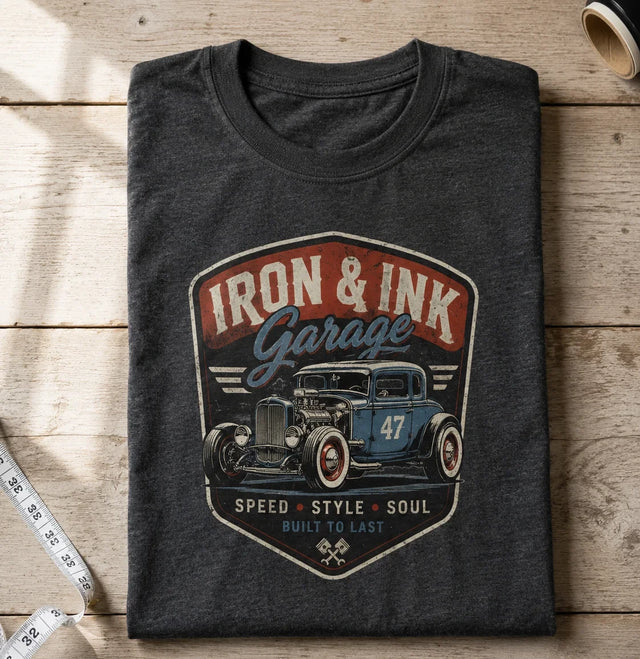 Custom printed charcoal heather t-shirt folded on a wood table, full color vintage hot rod design DTF printed on the chest