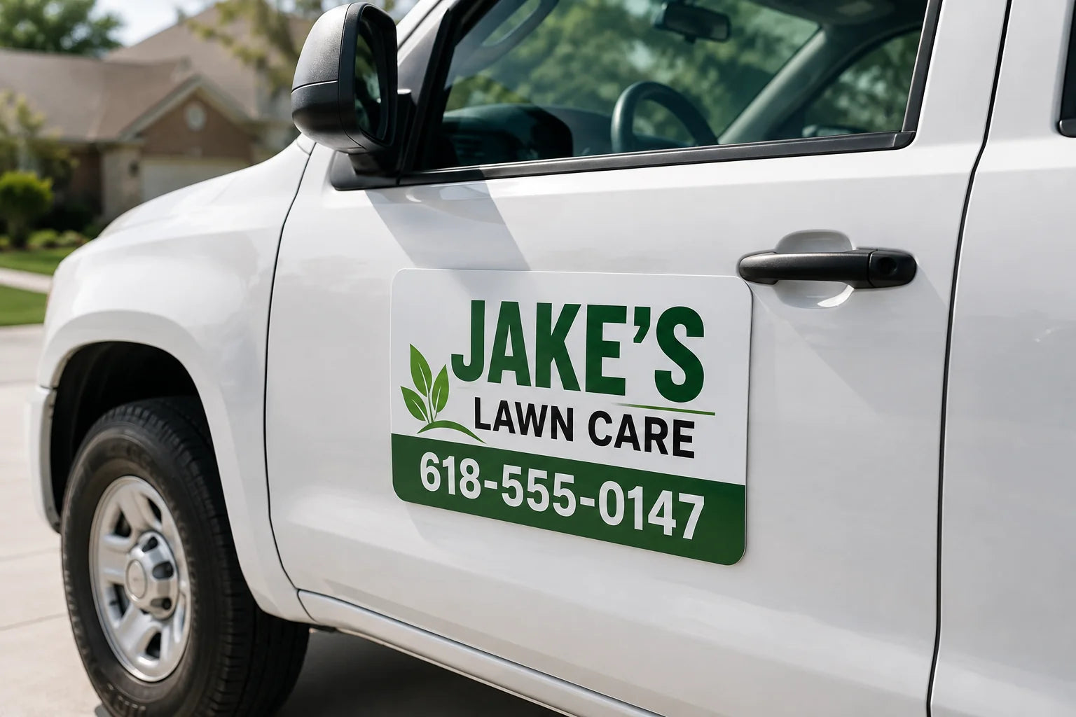 Custom 30 mil laminated vehicle magnet with rounded corners for a lawn care business on a white pickup truck door