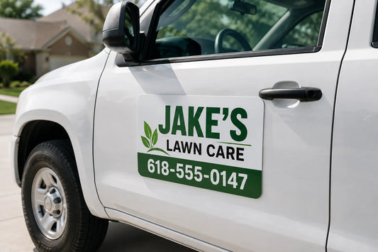 Custom 30 mil laminated vehicle magnet with rounded corners for a lawn care business on a white pickup truck door