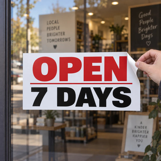 Custom white static cling decal printed full color, one corner lifted off a storefront window to show it uses no adhesive