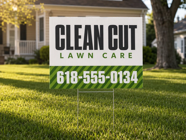 Custom 24 x 18 inch coroplast yard sign for a lawn care business, printed full colour and staked in a mown front lawn