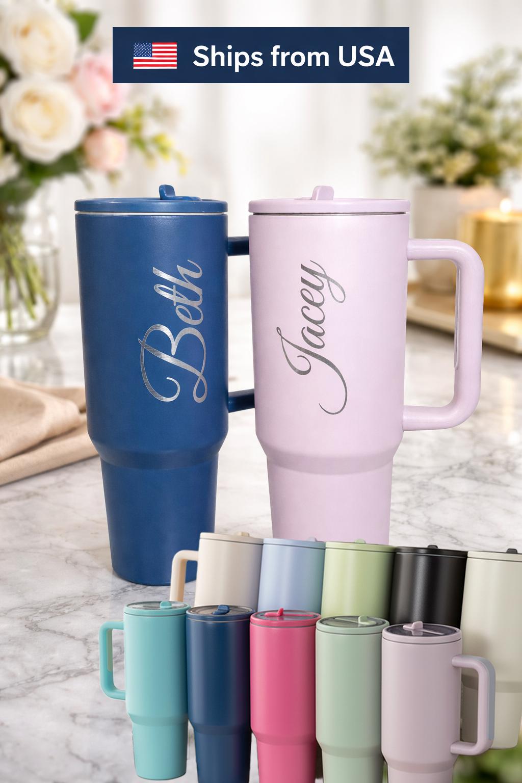 Dark Blue and Purple 40 oz tumblers engraved with the names Beth and Jacey