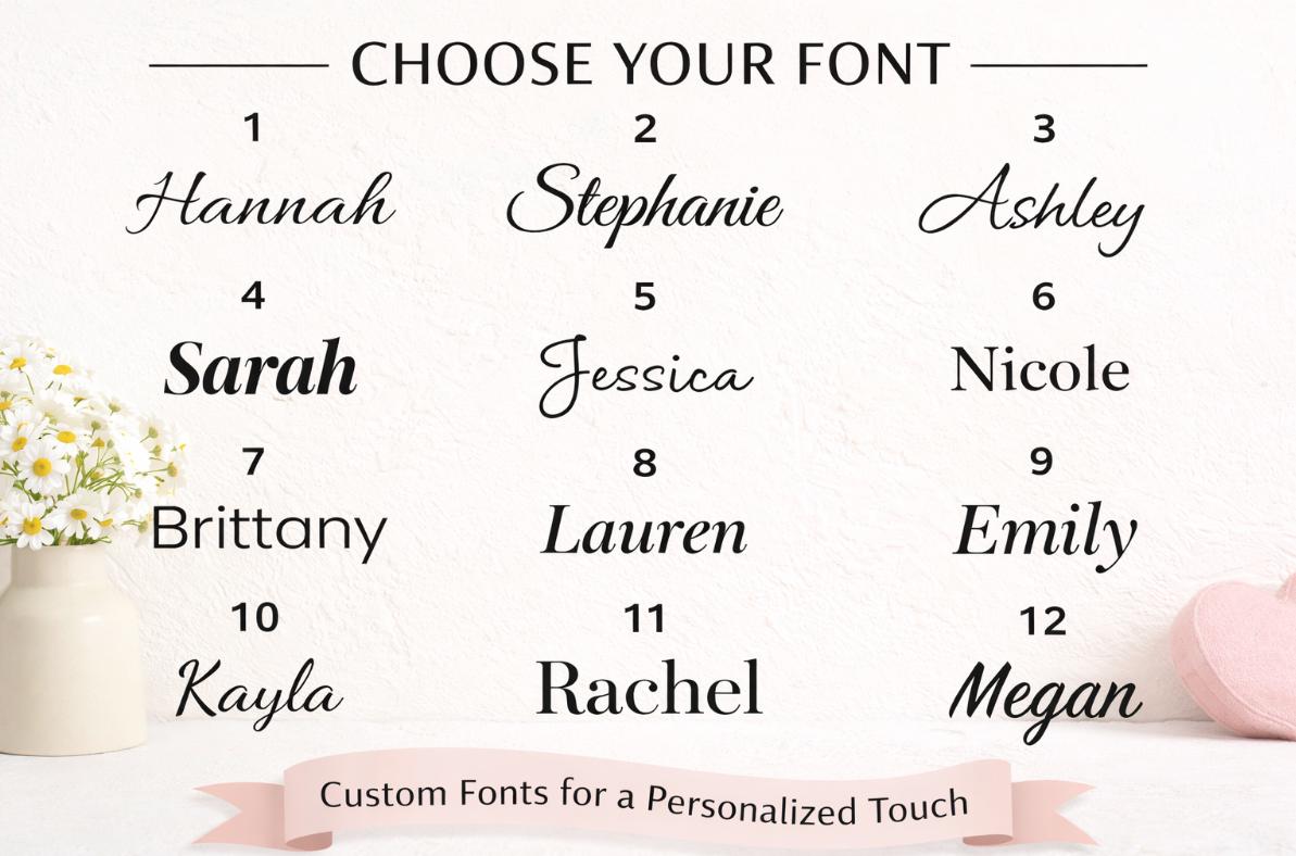 Tumbler font chart: font styles 1 to 12, each shown with a sample name