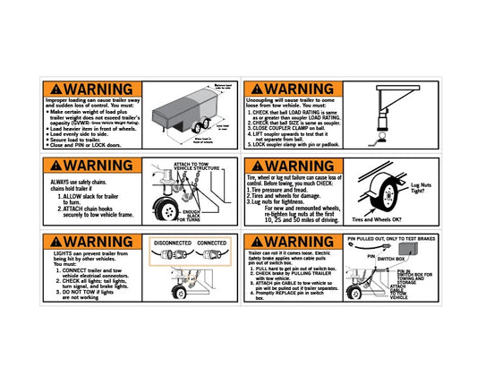 Gooseneck trailer towing warning decal, 9.25 x 5.25 inch laminated vinyl, six safety panels in black and orange on white