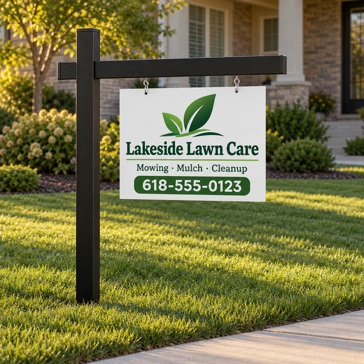 Hanging yard sign post: black aluminum post and arm with a printed Lakeside Lawn Care metal sign on two S-clips