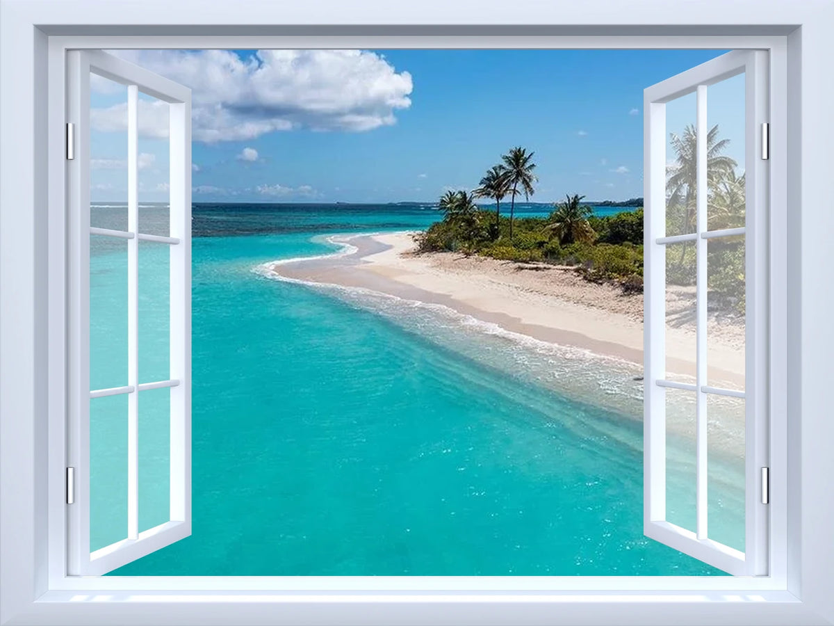 Removable open window wall decal, white frame with casements swung open over a turquoise beach and palm trees