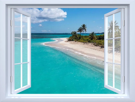 Removable open window wall decal, white frame with casements swung open over a turquoise beach and palm trees