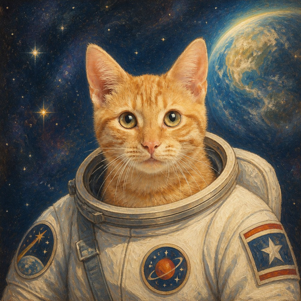 Pet portrait of an orange cat as an astronaut in a retro space suit