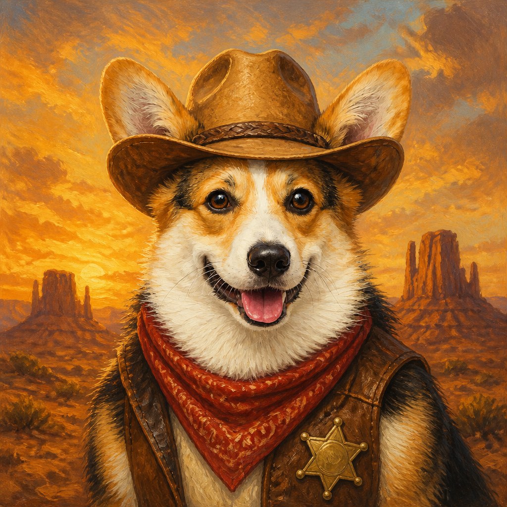 Pet portrait of a corgi as a cowboy with a hat, bandana and sheriff's star