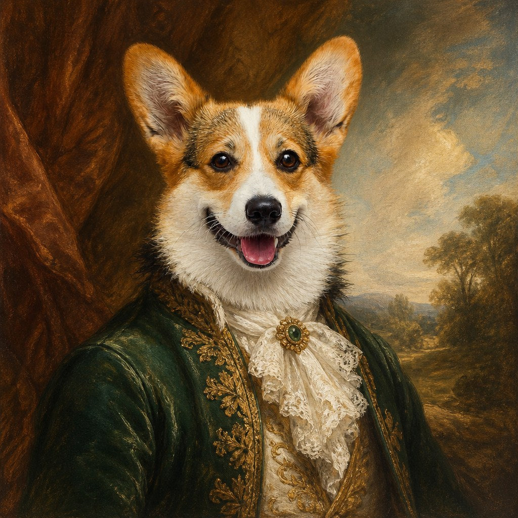 Pet portrait of a corgi as an 18th-century duke in a green silk coat and lace cravat