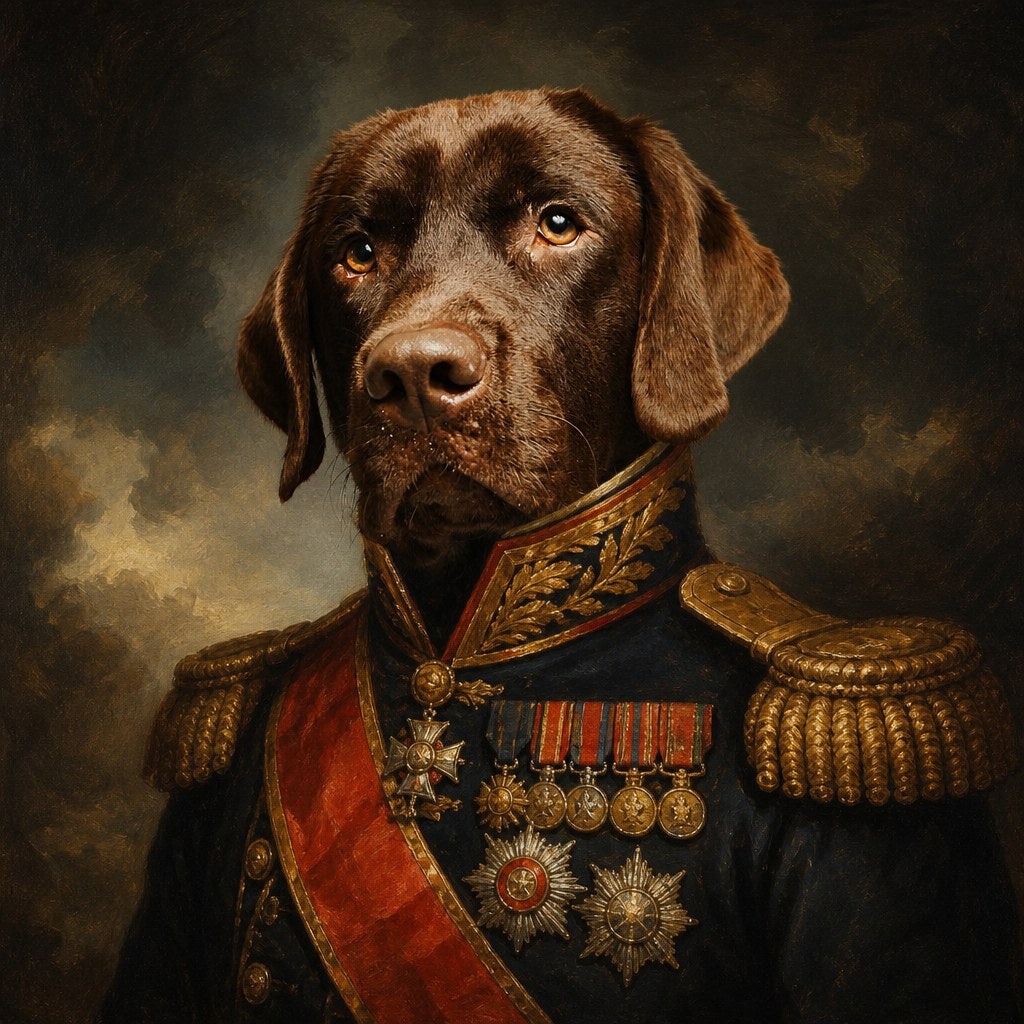 Pet portrait of a chocolate lab as a military general with medals and gold epaulettes