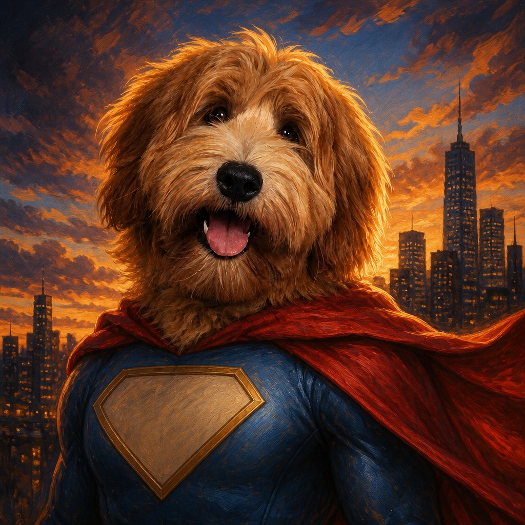 Pet portrait of a doodle dog as a superhero with a red cape over a city skyline