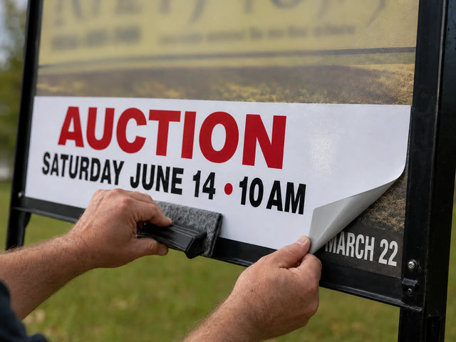 Printed vinyl overlay with a new auction date being squeegeed onto an existing sign, one corner peeled over the old date