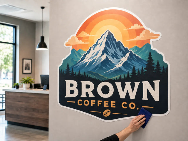 Full-color removable wall vinyl graphic of a coffee company logo, contour-cut, being squeegeed onto an office wall