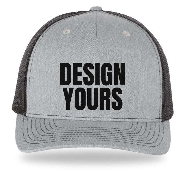 Custom printed Richardson 112FP trucker hat, heather grey five-panel front with black mesh and a black DESIGN YOURS print