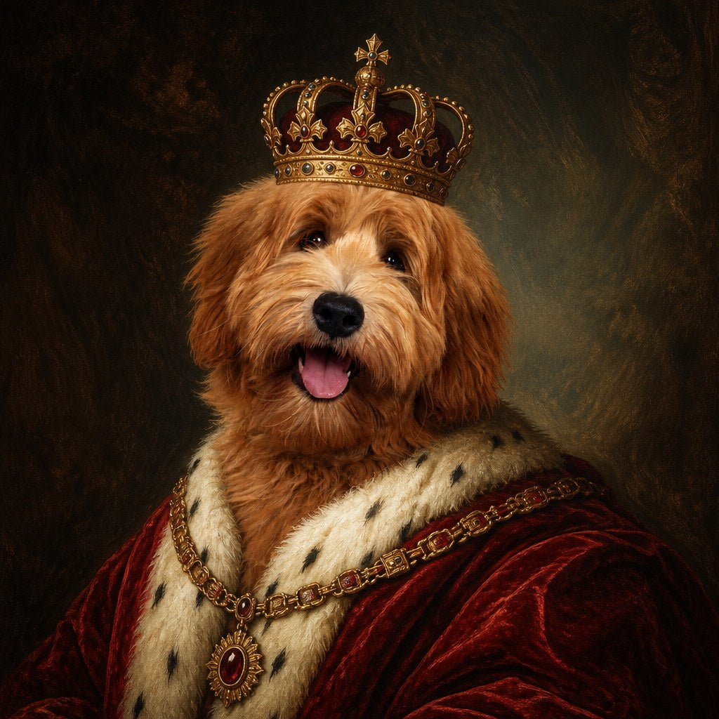 Royal pet portrait of a doodle dog as a king in a red velvet robe and gold crown