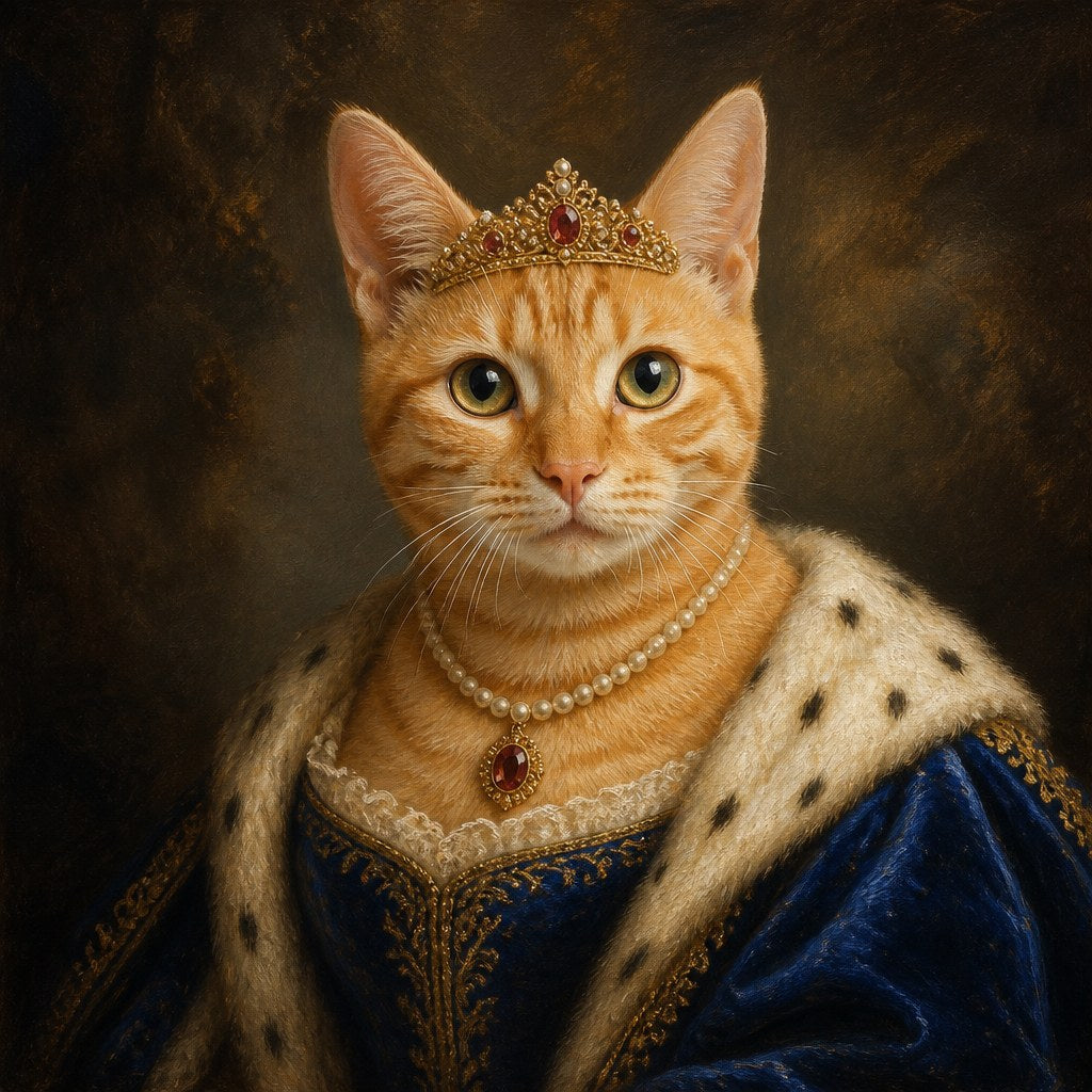 Royal pet portrait of an orange tabby cat as a queen with a pearl necklace and tiara