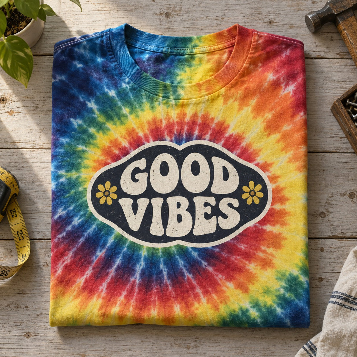 Custom printed tie-dye t-shirt folded on a workbench with a design DTF printed over a rainbow spiral
