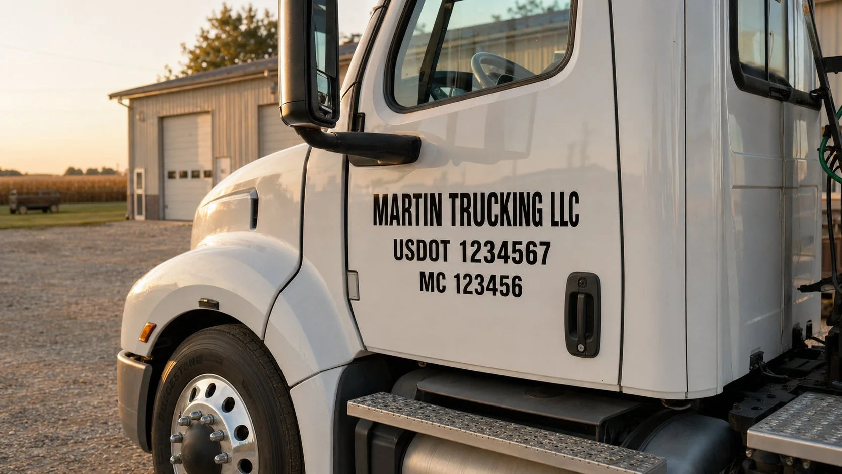 USDOT number and company name lettering installed on a semi truck door by Martin Graphics