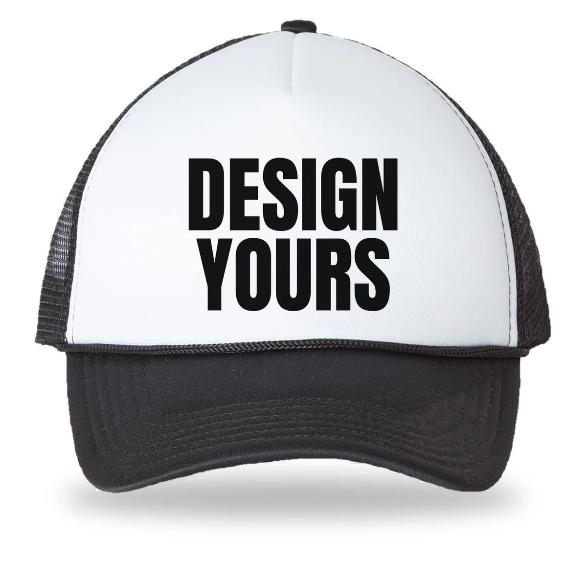 Custom printed trucker hat, a white foam front Valucap VC700 with black mesh and bill and a black DESIGN YOURS print