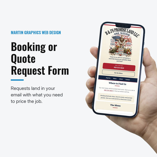 Booking or Quote Request Form from Martin Graphics web design: a small business website we built, shown on a phone