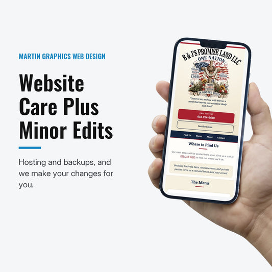 Website Care Plus Minor Edits from Martin Graphics web design: a small business website we built, shown on a phone