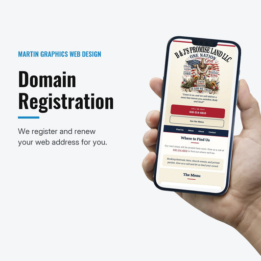 Domain Registration from Martin Graphics web design: a small business website we built, shown on a phone