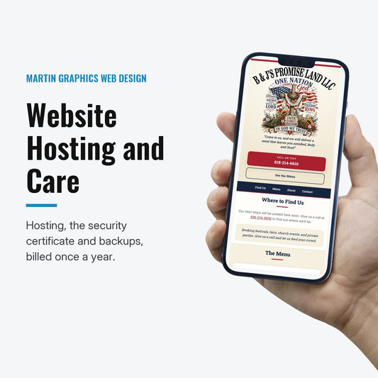 Website Hosting and Care from Martin Graphics web design: a small business website we built, shown on a phone