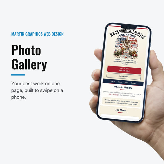 Photo Gallery from Martin Graphics web design: a small business website we built, shown on a phone