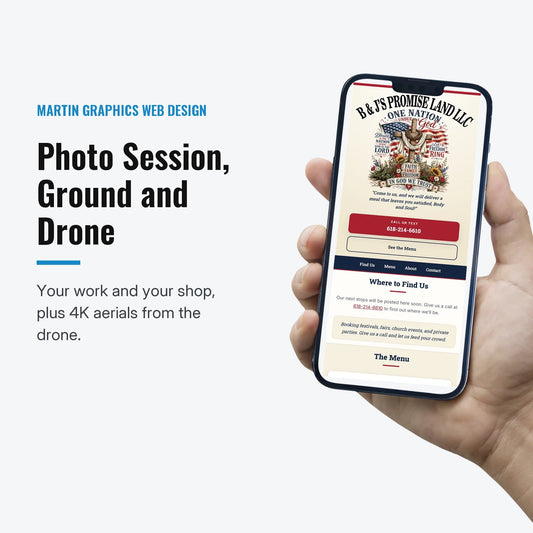 Photo Session, Ground and Drone from Martin Graphics web design: a small business website we built, shown on a phone