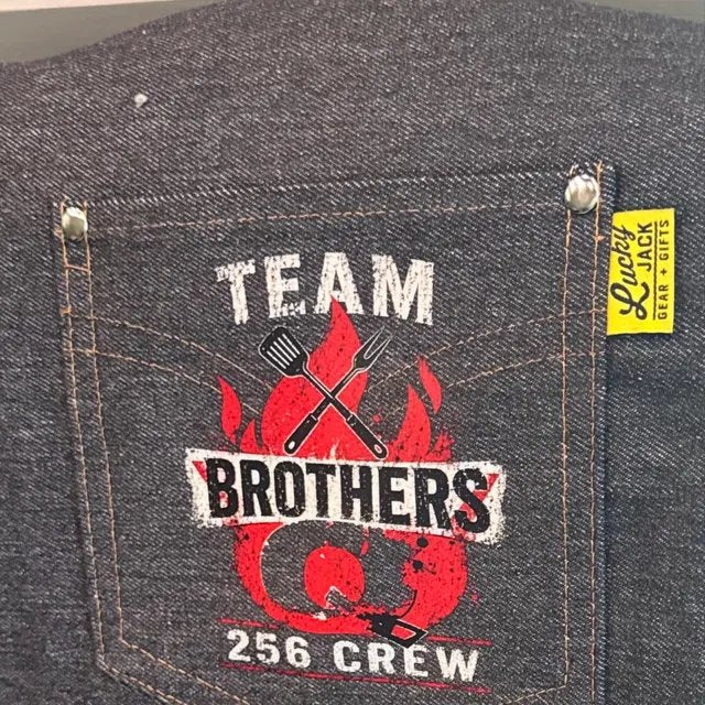 Team Brothers crew print on denim — customer supplied