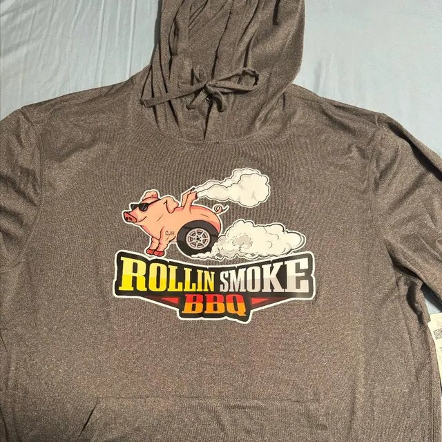 Rollin Smoke BBQ hoodie — DTF transfer, customer supplied