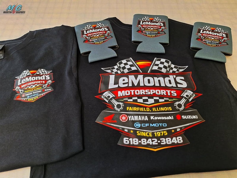 LeMond's Motorsports shirts and can koozies