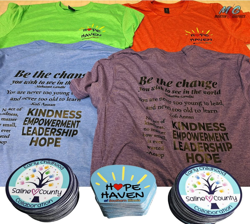 Kindness Empowerment Leadership Hope shirts with stickers