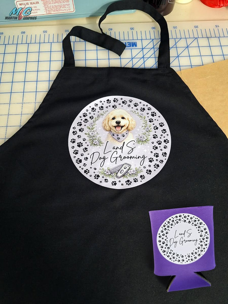 Lil S Dog Grooming apron and koozie