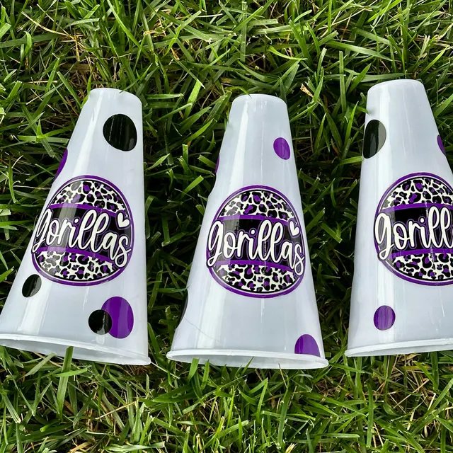 Cheer megaphones personalized with UV DTF decals