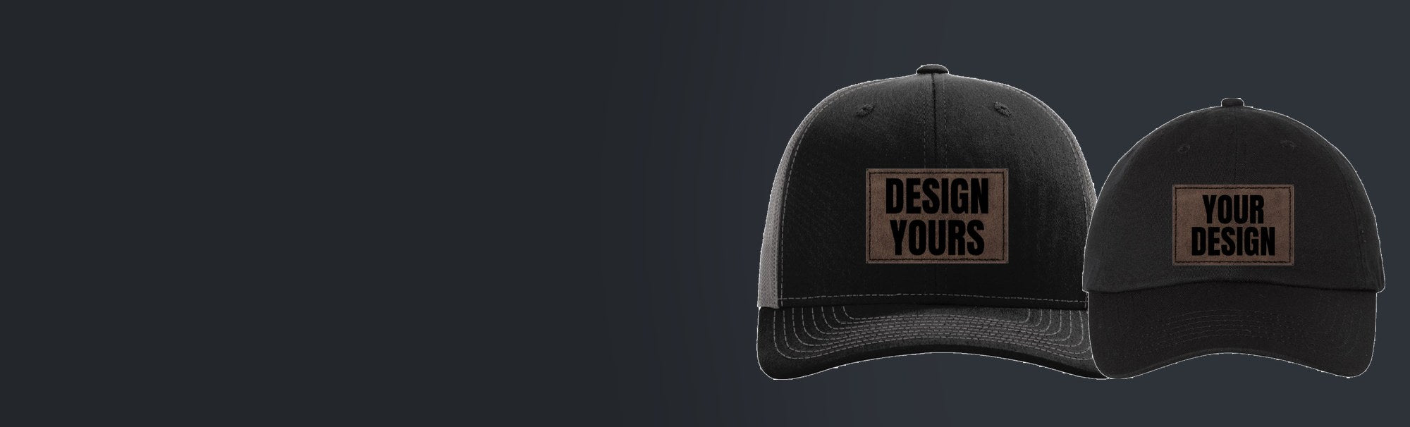 Custom leatherette patch hats by Martin Graphics — a Richardson 112 trucker and a low profile dad hat