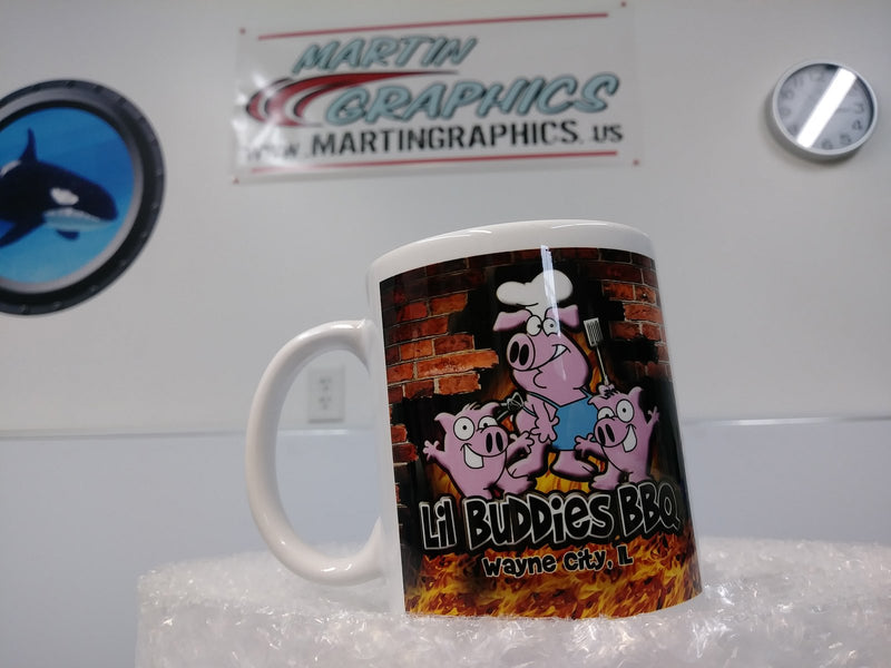 Full color cartoon artwork printed on a coffee mug