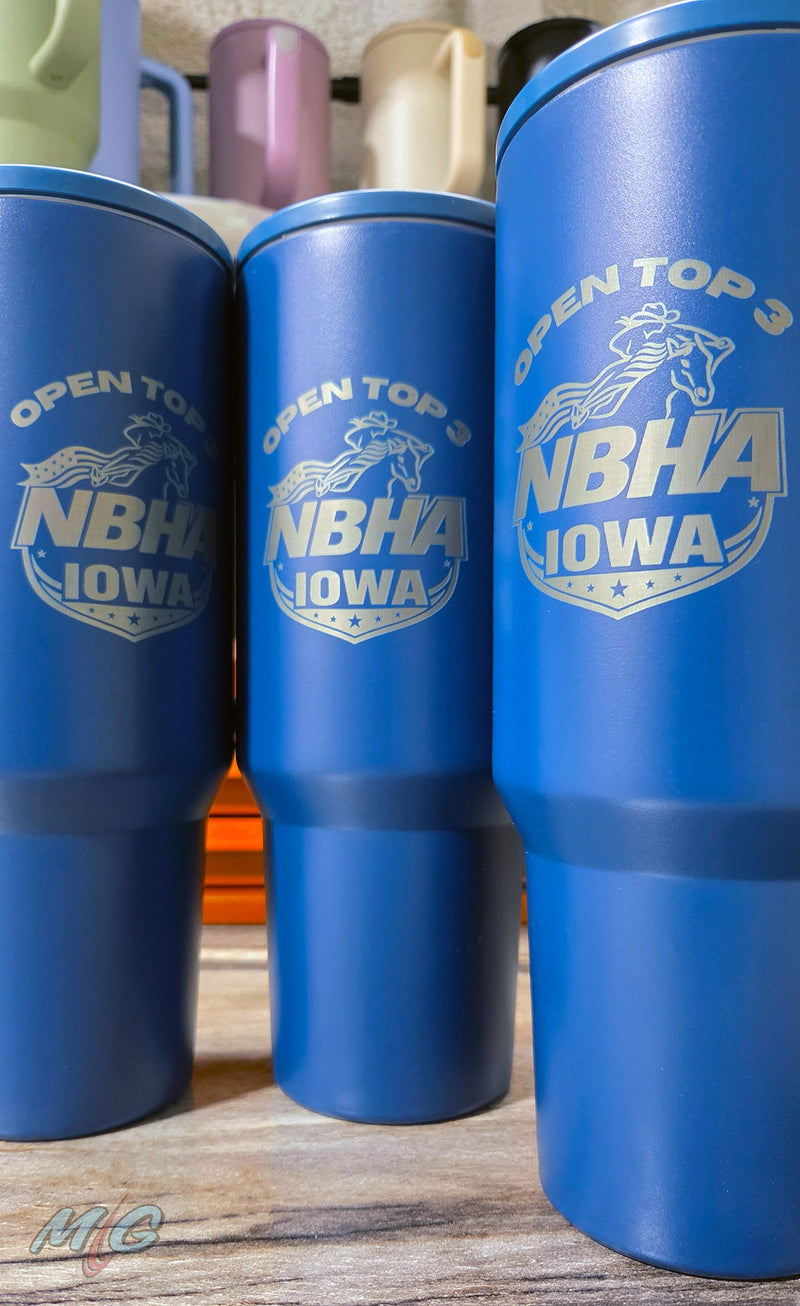 Three navy 40 oz tumblers laser engraved with the NBHA Iowa Open Top 3 barrel racing award logo