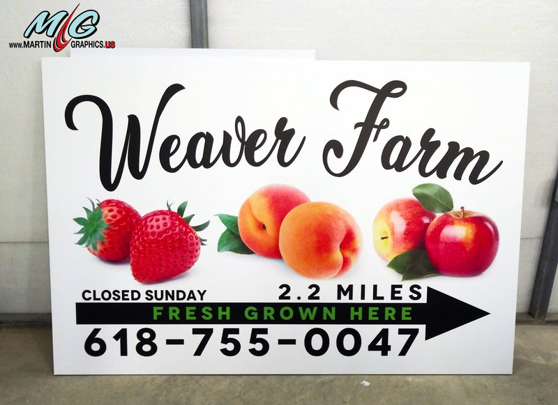 Full color farm produce sign with directional arrow