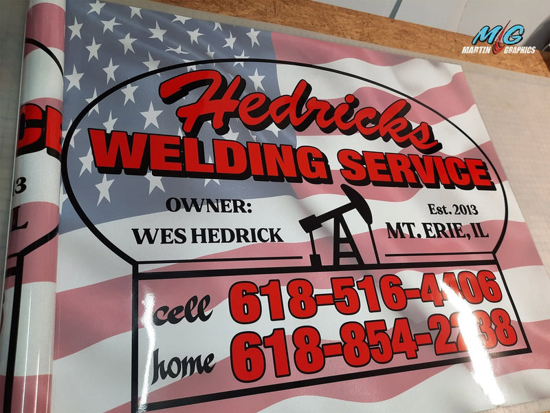 Hedricks Welding Service sign with flag background