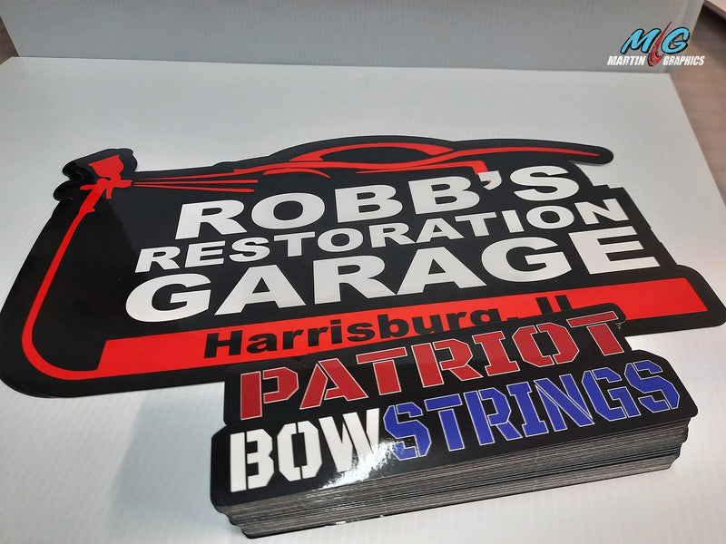 Robb's Restoration Garage and Patriot Bowstrings die-cut stickers