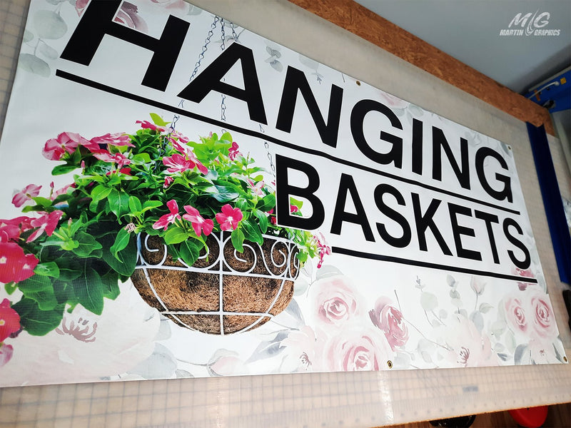 Hanging baskets banner — custom signage