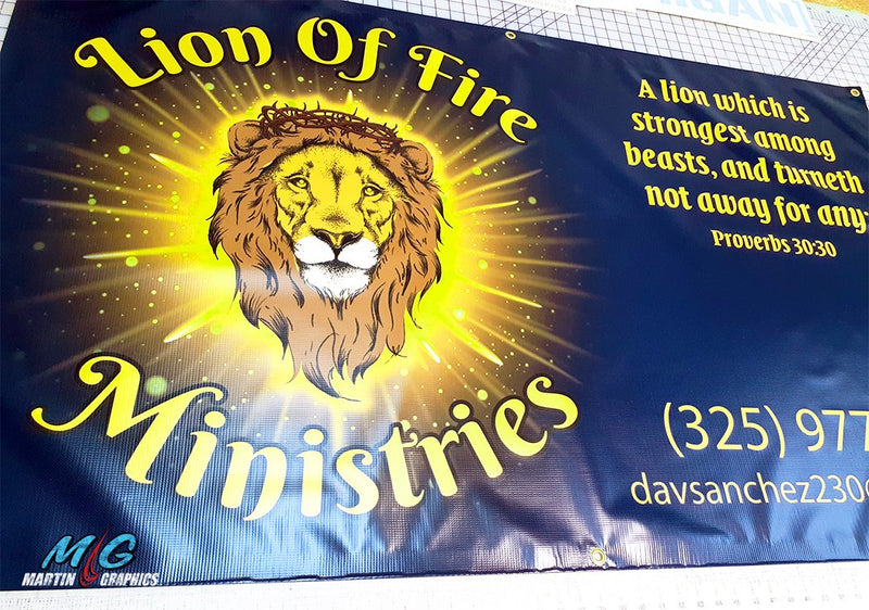 Lion of fire banner 2 — custom signage