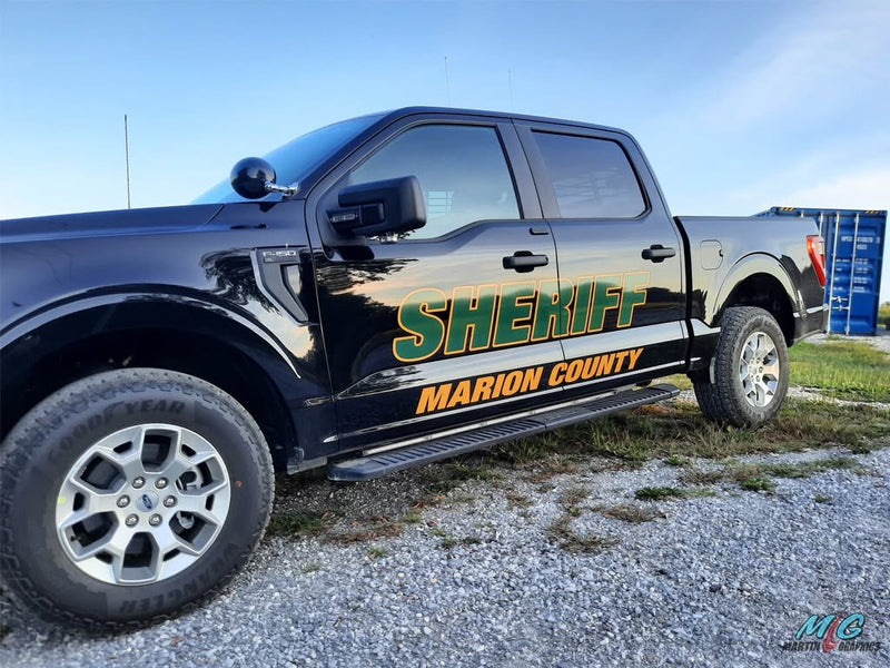 Marion County Sheriff F-150 lettering in green and gold